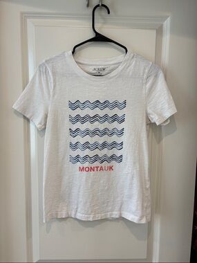 J. Crew Wonens White Tee with Navy Wave Graphic and Pink Montauk Text